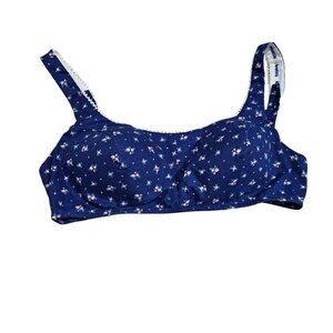 Vintage 70s Blue Floral Cotton Womens Bra White Lace‎ Trim Button Molded Cups 12